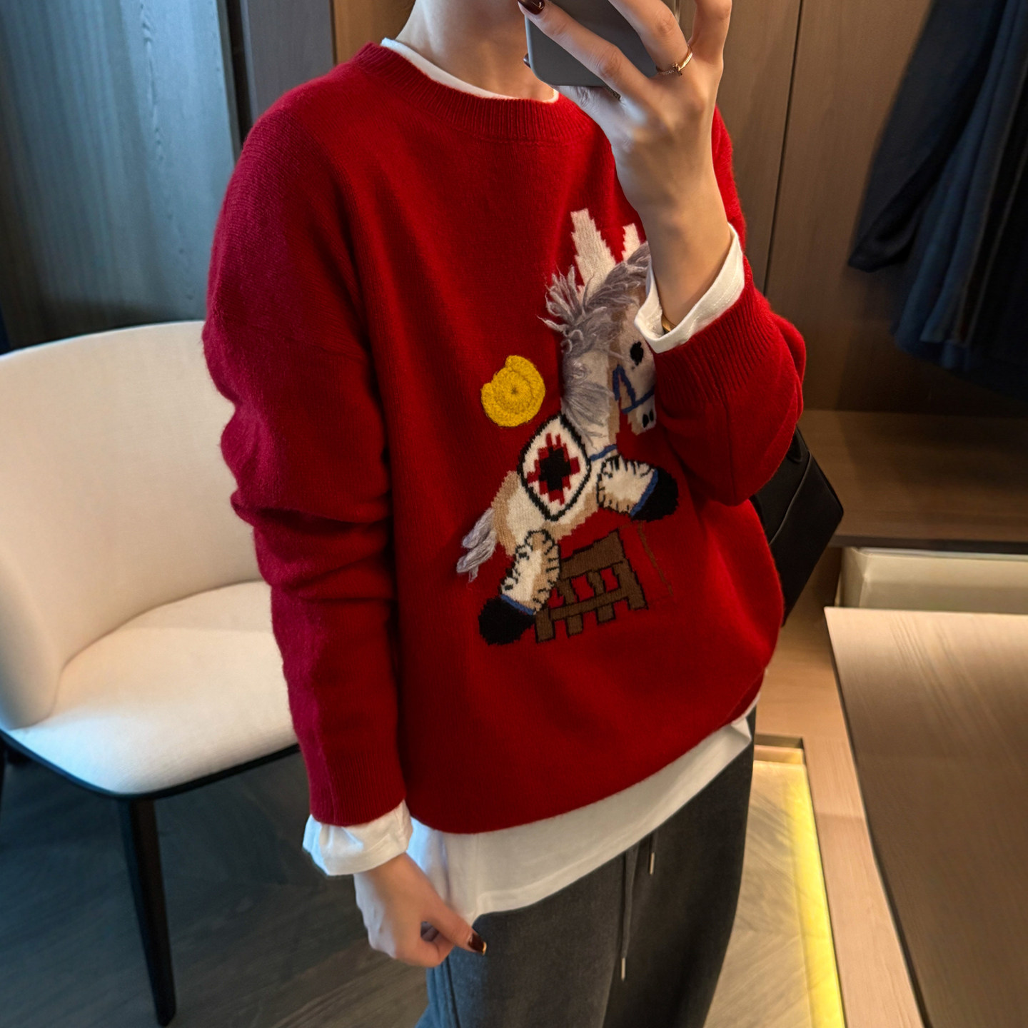 重工小马刺绣羊毛针织衫女欧洲站