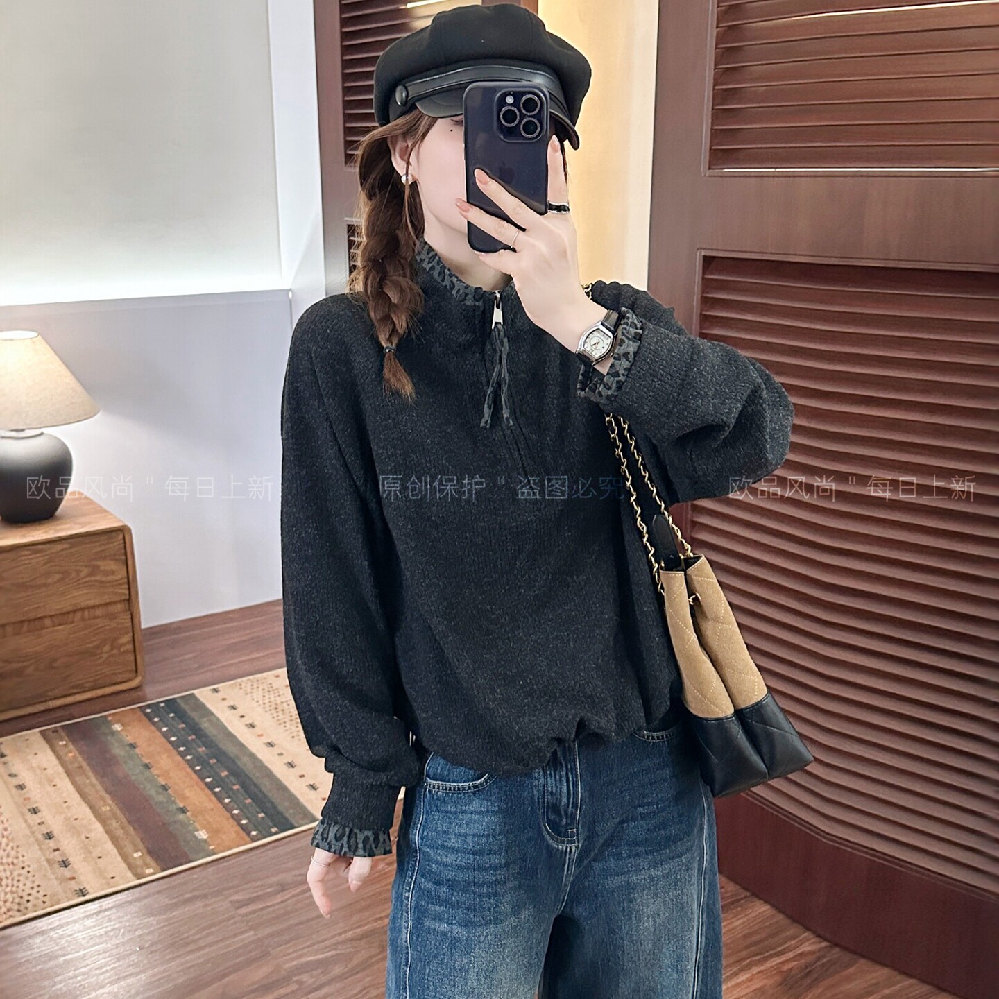 假两件豹纹高领羊毛针织衫女欧货