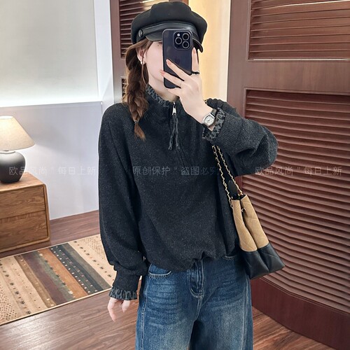 假两件豹纹高领羊毛针织衫女欧货