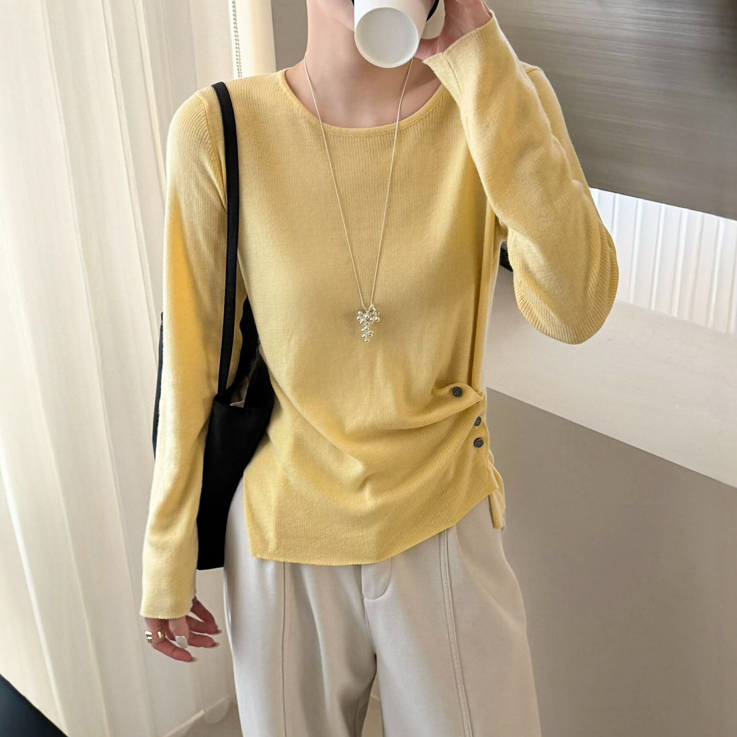 侧边纽扣不规则针织衫女欧洲站2026春装新款欧货女装时尚打底衫潮