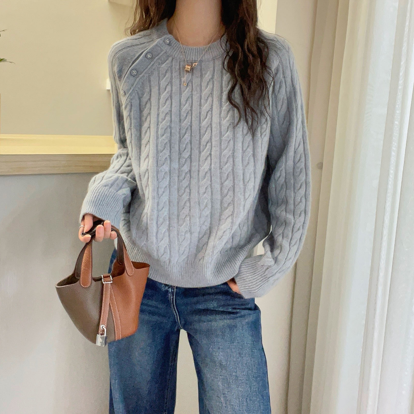 复古麻花纹山羊绒针织衫女欧洲站