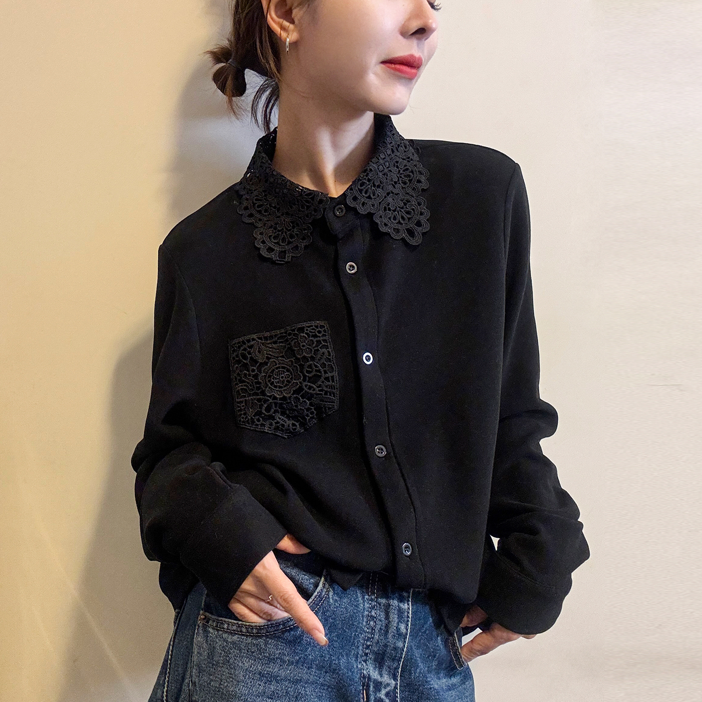 镂空钩花翻领德绒衬衫女欧货打底