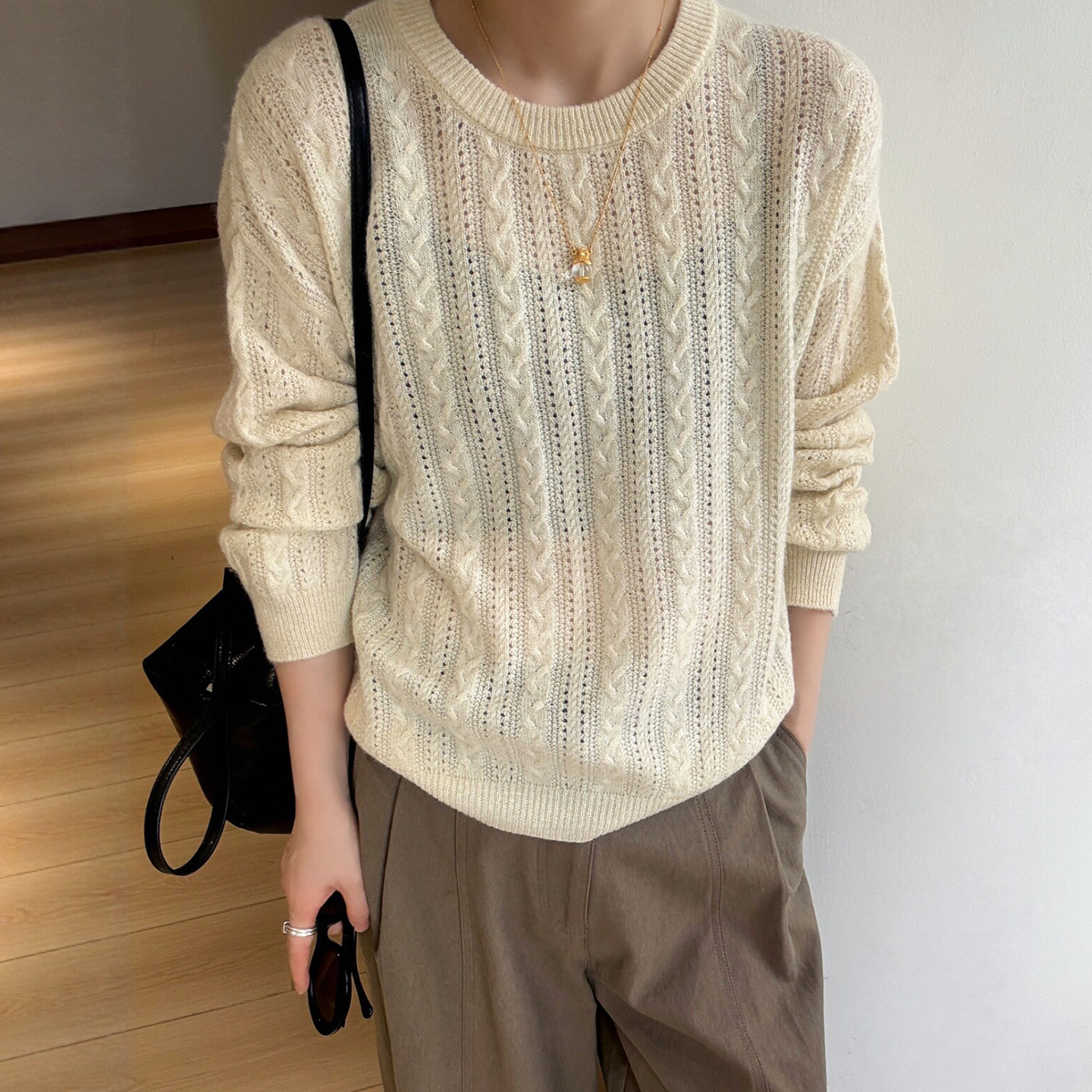 镂空麻花纹羊毛针织衫女欧货上衣
