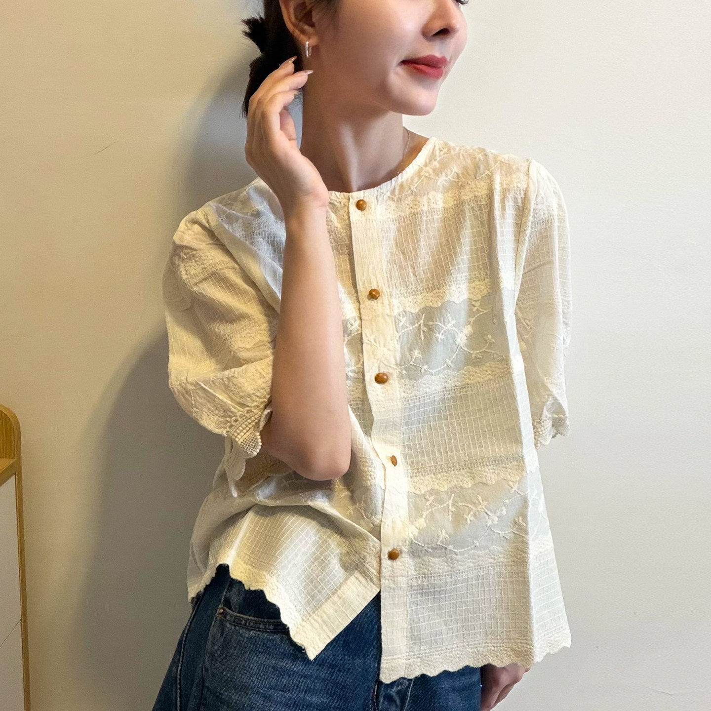 镂空钩花泡泡袖衬衫女欧洲站2026夏装新款欧货女装A字娃娃小衫潮