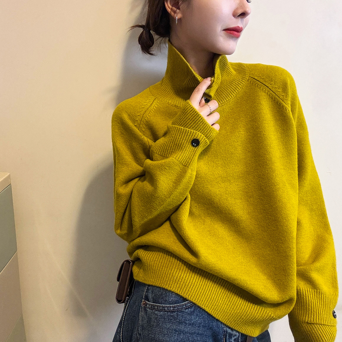 纽扣设计高领羊毛针织衫女欧洲站