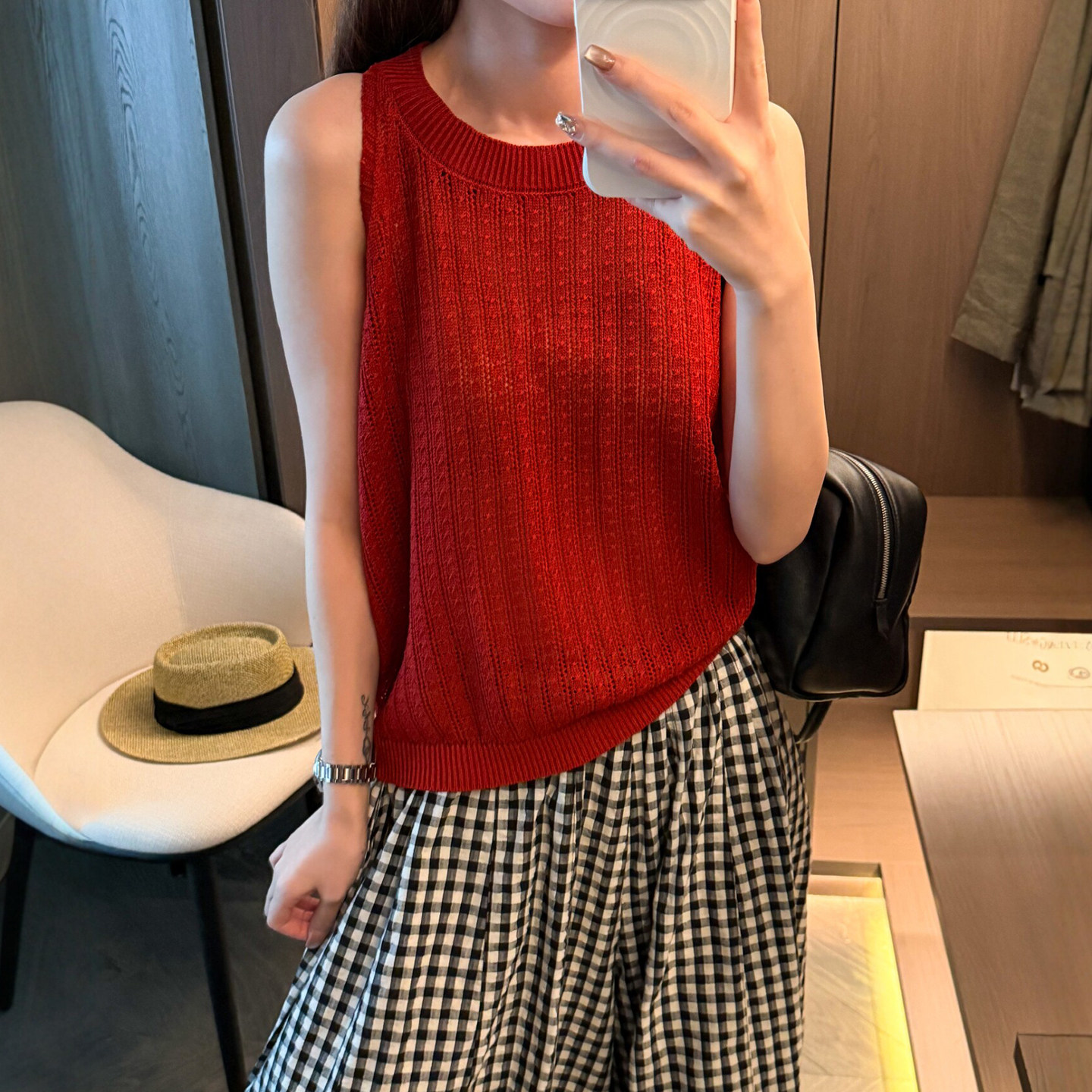 糖果色镂空挂脖冰丝针织衫女欧货