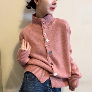 欧货女装 新款 毛衣潮 女欧洲站2025冬装 五角星纽扣高领羊毛针织开衫
