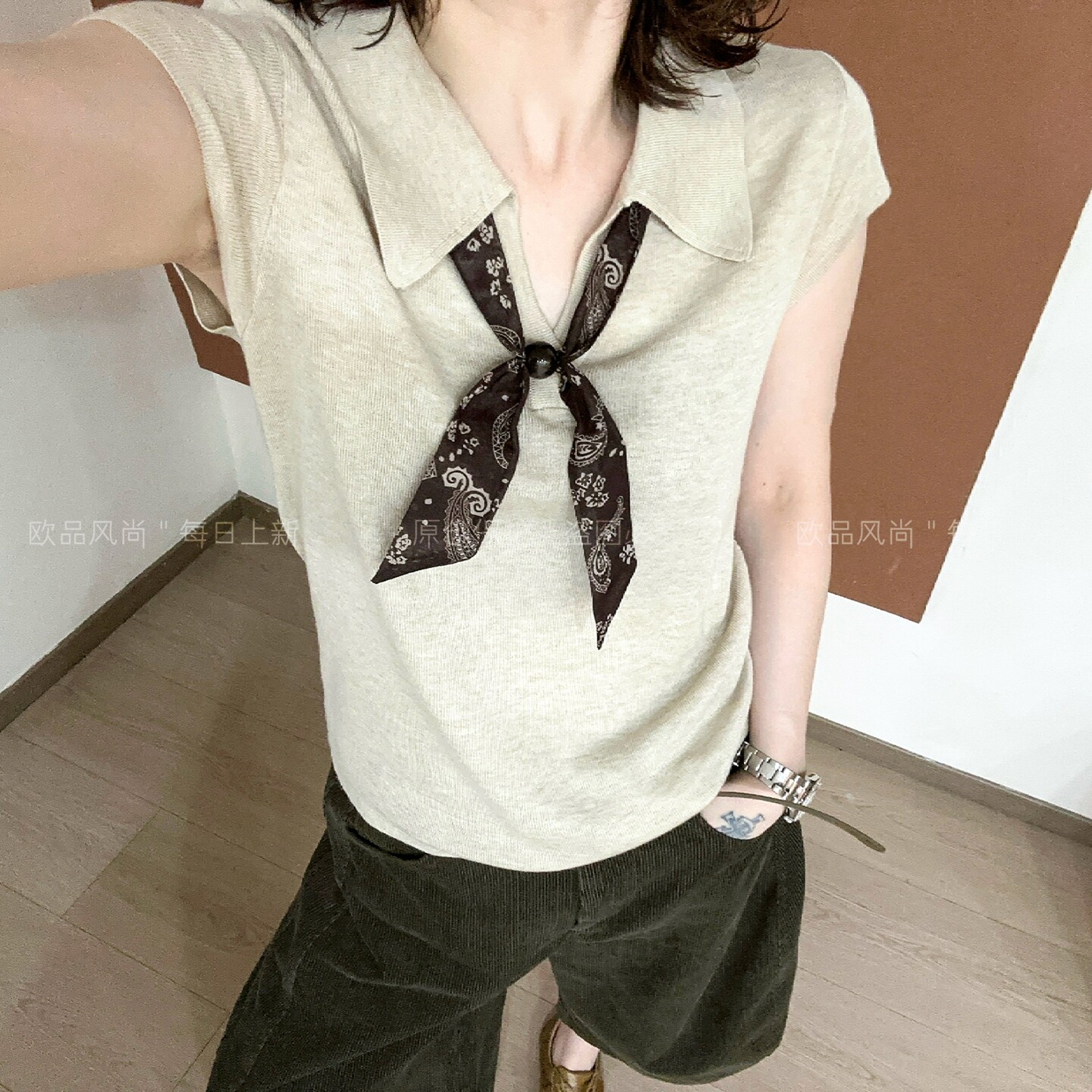 POLO领小飞袖羊绒针织衫女欧洲站