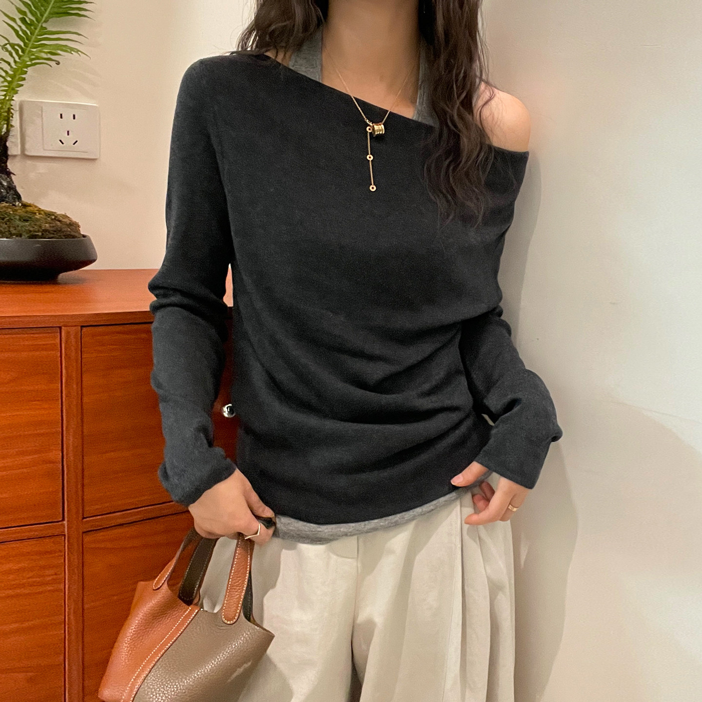 假两件露肩细羊毛针织衫女欧洲站