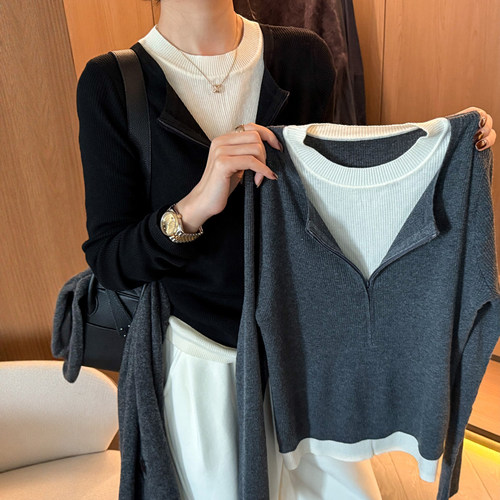 假两件V领羊毛针织衫女欧货打底