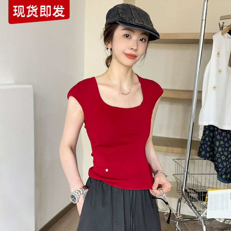 飞飞袖方领冰丝针织衫女欧洲站2025夏装新款欧货女装修身打底衫潮