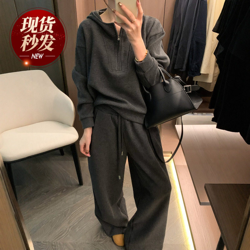 羊绒毛呢连帽加绒卫衣阔腿裤两件套装女欧洲站2025冬装新款欧货潮