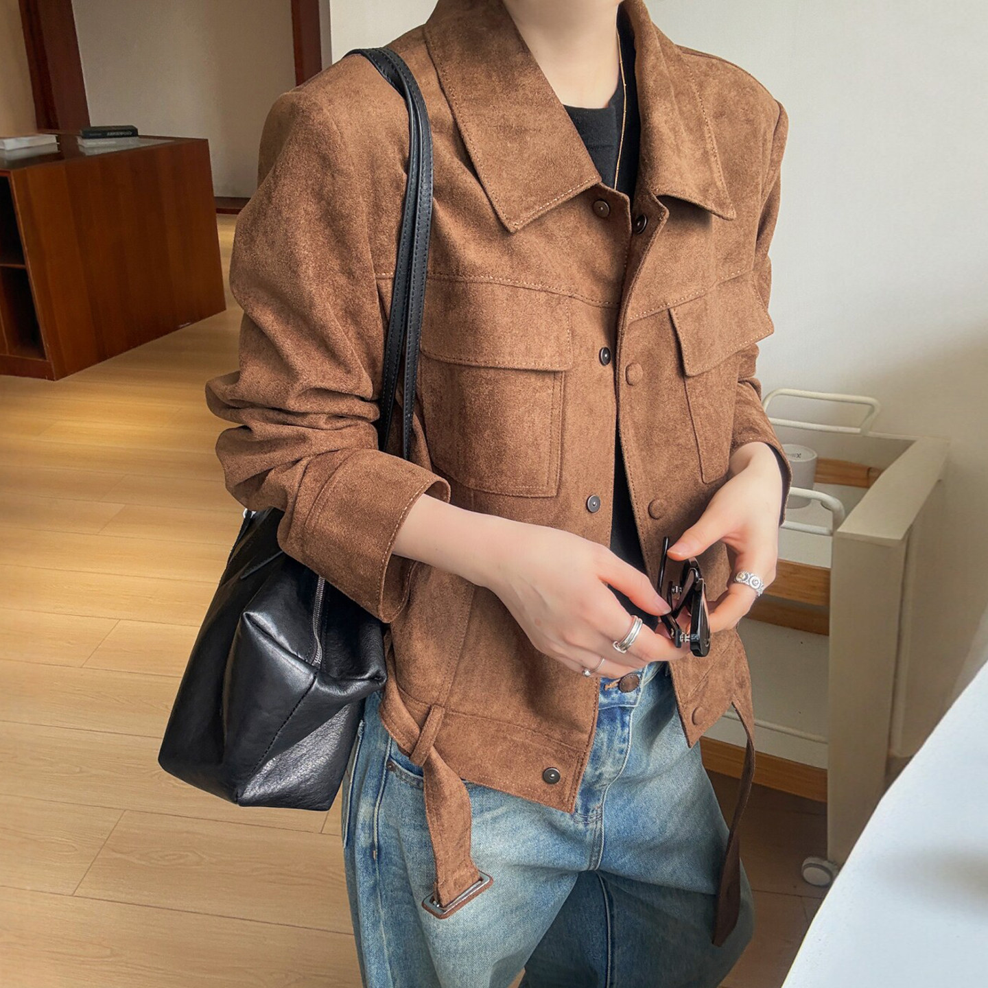 双口袋麂皮绒工装短外套女欧洲站