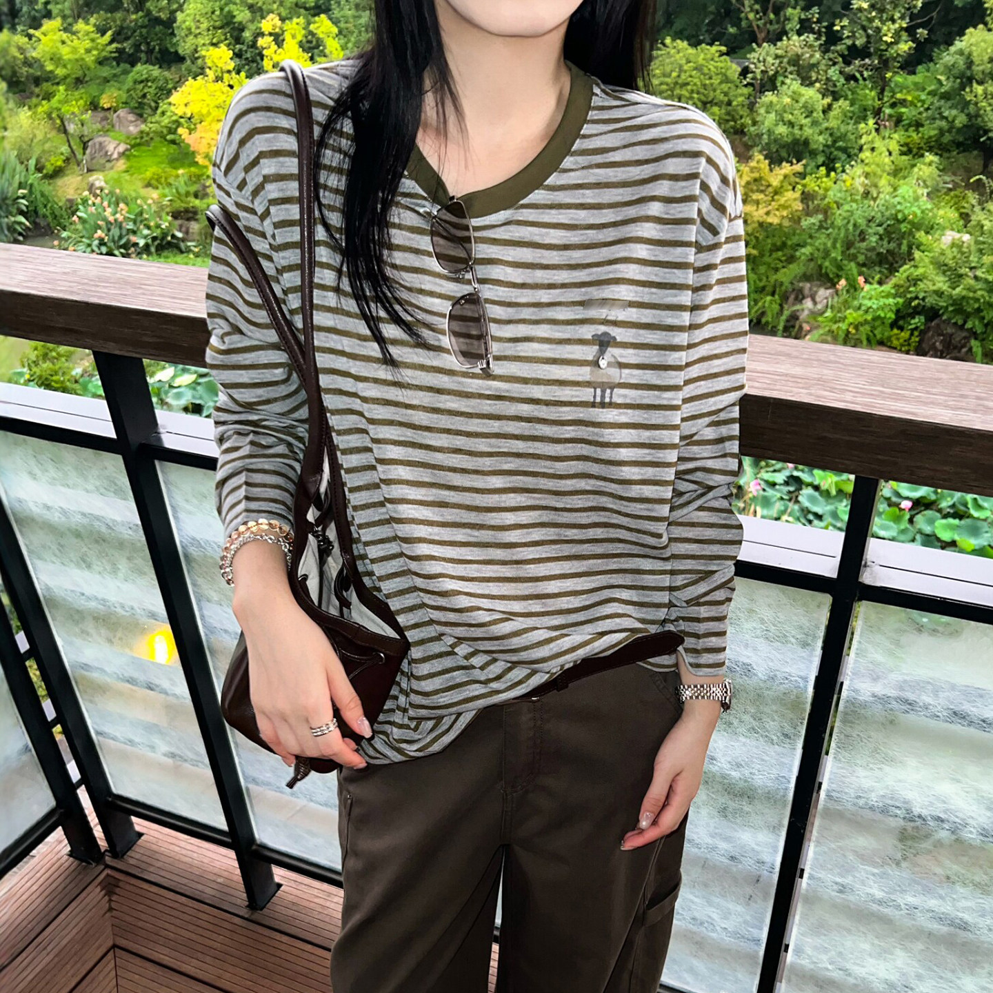 小羊印花条纹长袖T恤女欧洲站潮