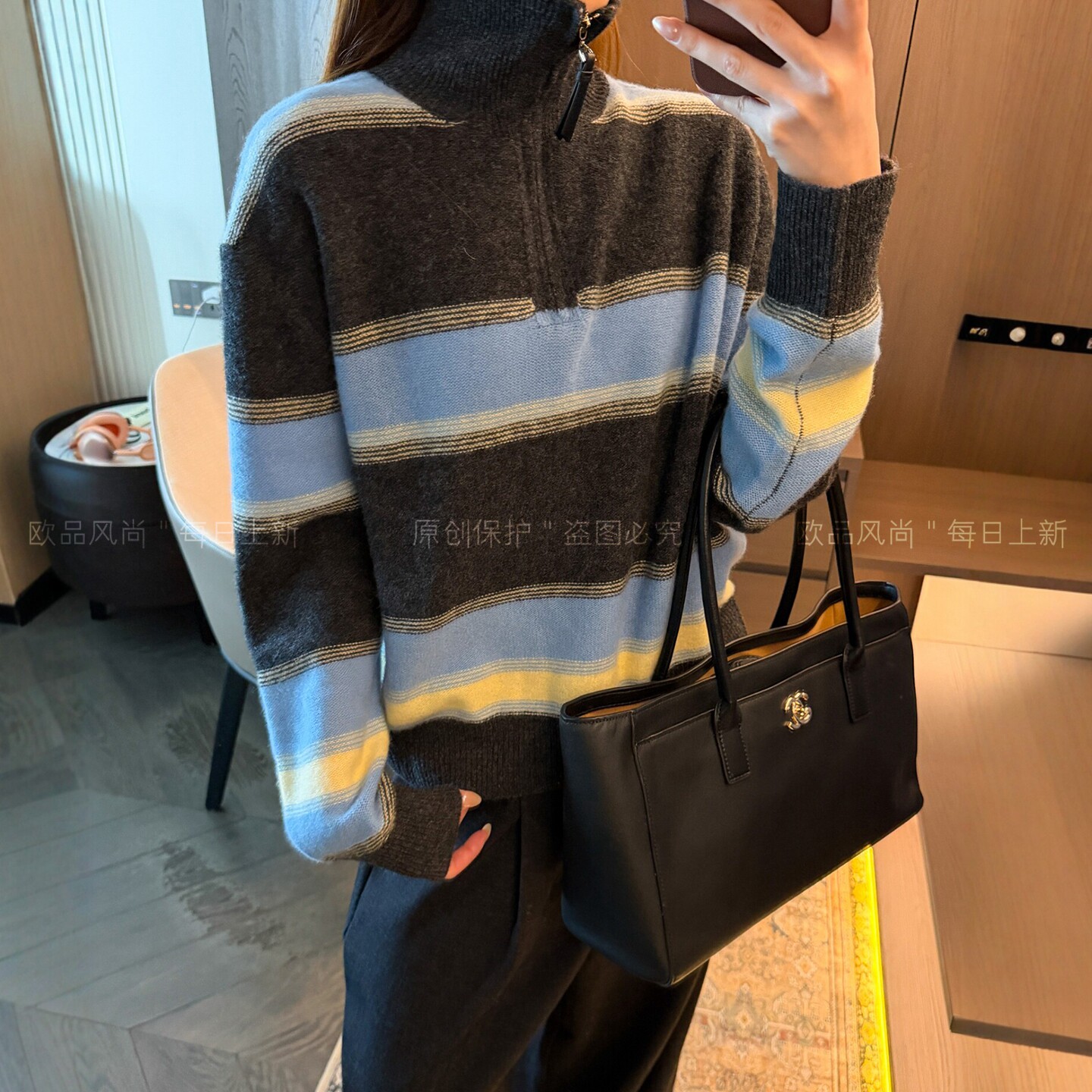 100%绵羊毛条纹高领针织衫女欧货