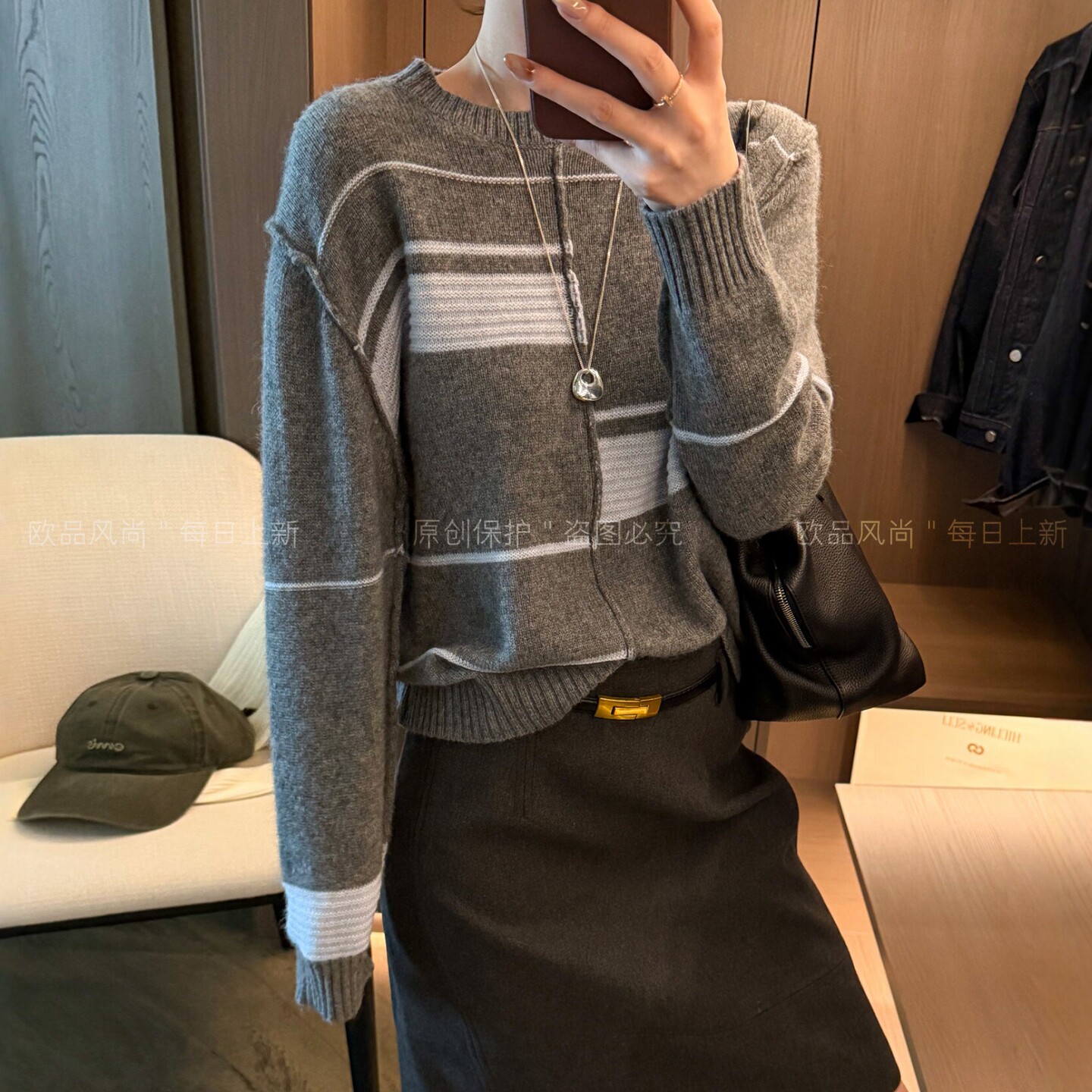 不规则条纹绵羊毛针织衫女欧洲站