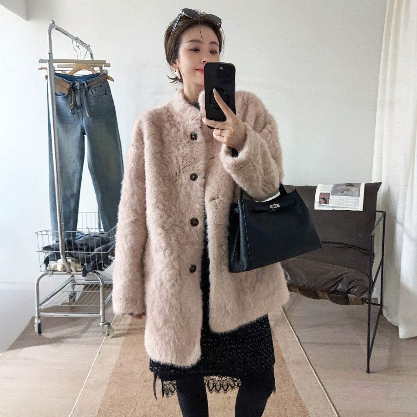 羊羔毛皮毛一体大衣外套女欧洲站2025冬装新款欧货女装环保皮草潮