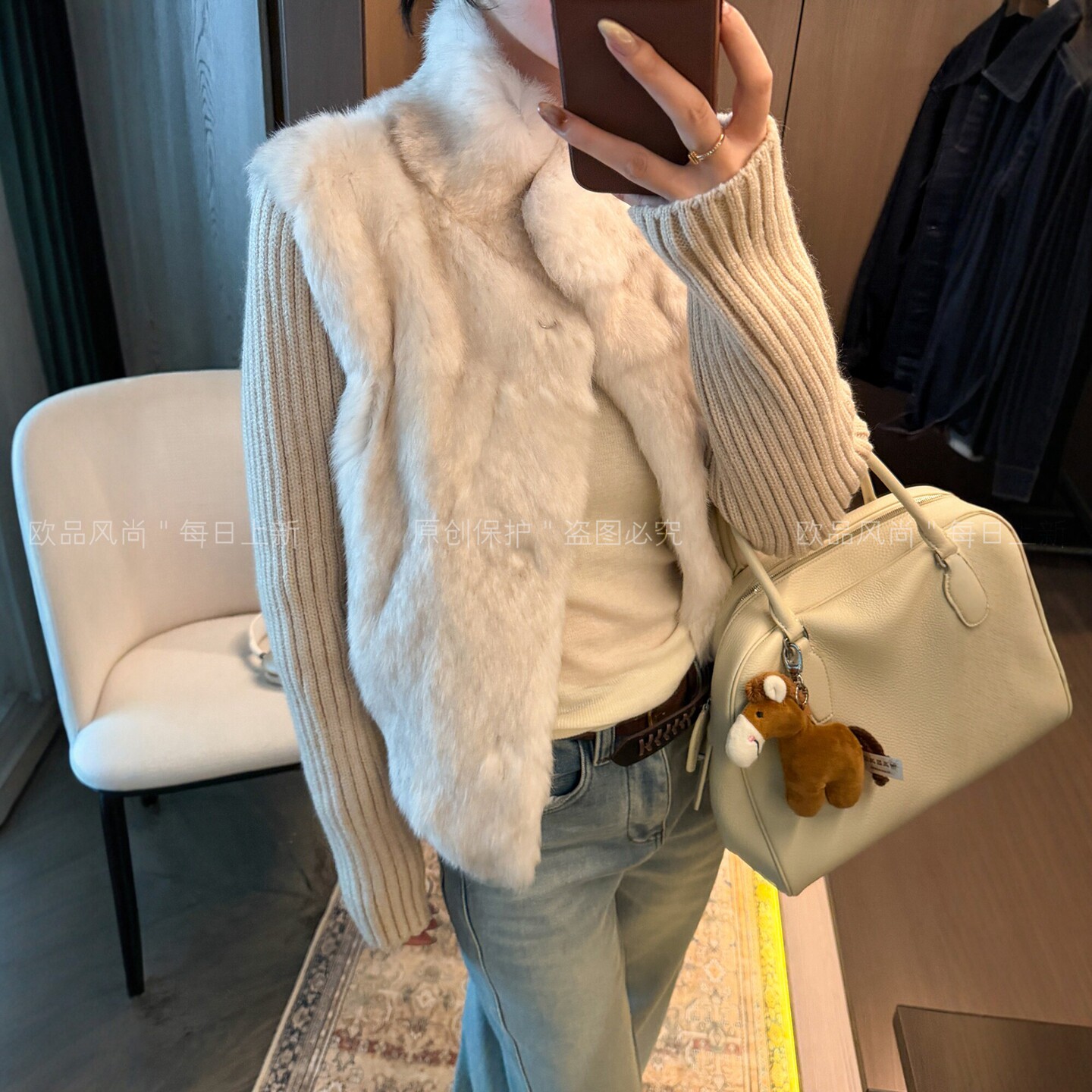 100%兔毛假两件皮草马甲短外套女