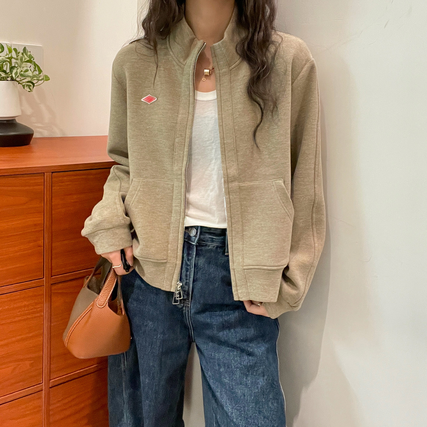 贴标立领加绒卫衣开衫外套女欧货