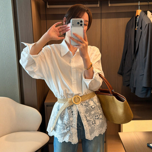 蕾丝拼接翻领收腰衬衫女欧货上衣