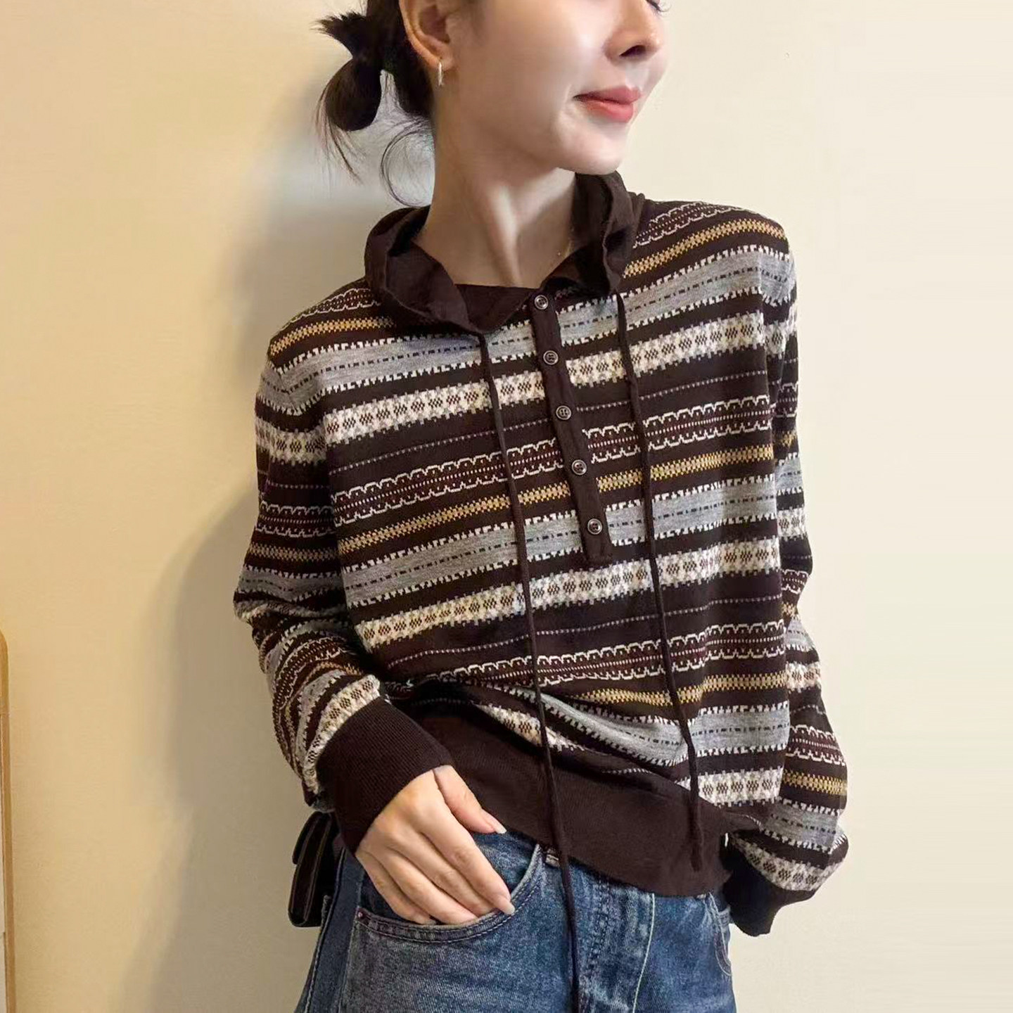 费尔岛提花连帽羊毛针织衫女欧货