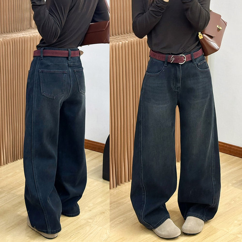 复古做旧加厚绒弯刀牛仔裤女欧货