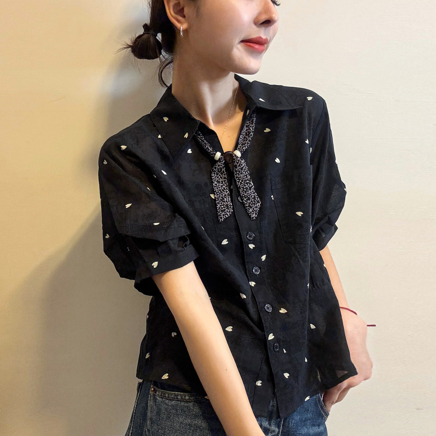 爱心印花配丝巾雪纺衬衫女欧洲站2026夏季新款欧货女装短袖上衣潮