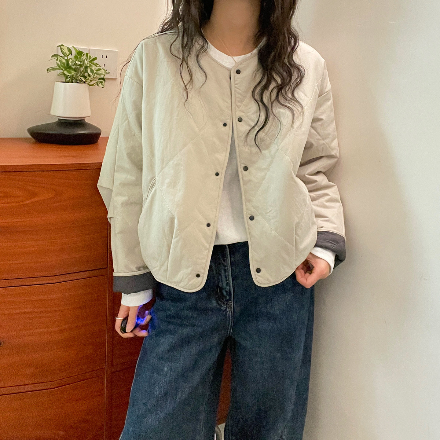 复古圆领压格加棉短外套女欧洲站