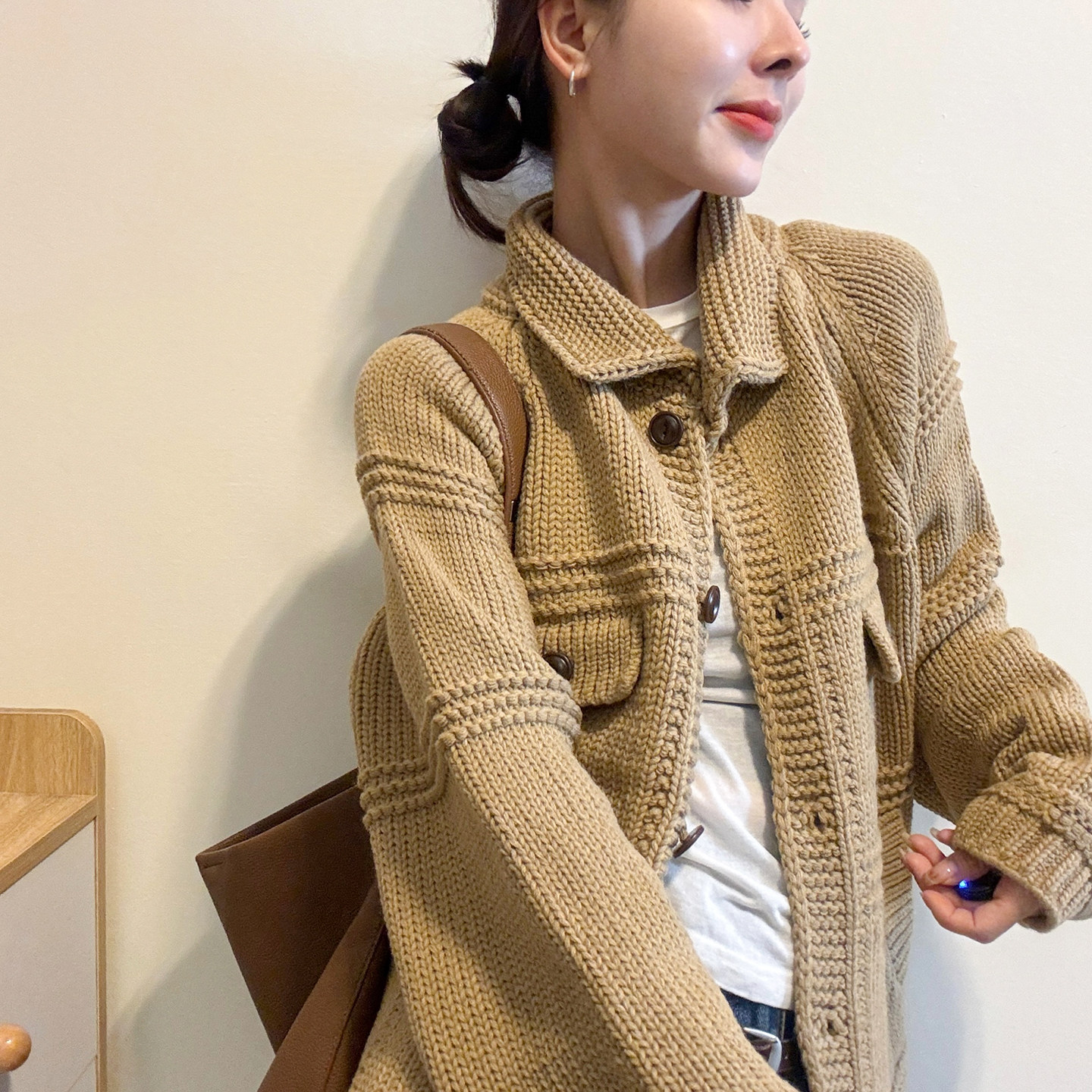 POLO领粗线羊毛针织开衫女欧洲站