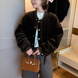 金丝绒压格夹棉棒球服外套女欧洲站2026秋季新款欧货女装短款上衣