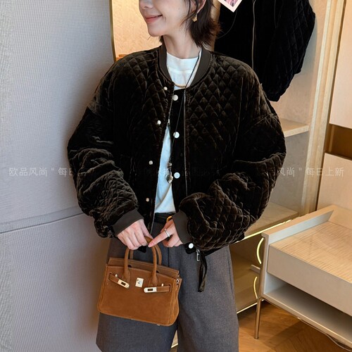 金丝绒压格夹棉棒球服外套欧洲站