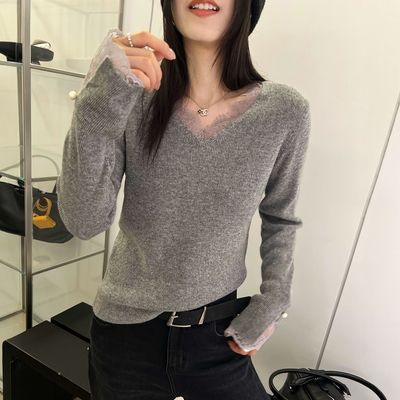蕾丝V领羊毛针织衫女欧洲站上衣