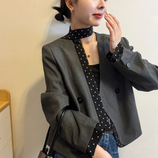 时尚 波点飘带小西装 欧货女装 新款 休闲西服潮 外套女欧洲站2026春装