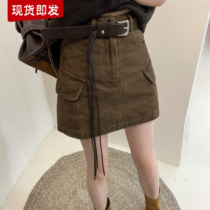 流苏腰带工装牛仔半身裙女欧洲站