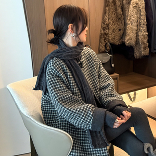 加厚外套潮 欧货女装 配围巾羊毛呢格子羽绒服女欧洲站2025冬装 新款
