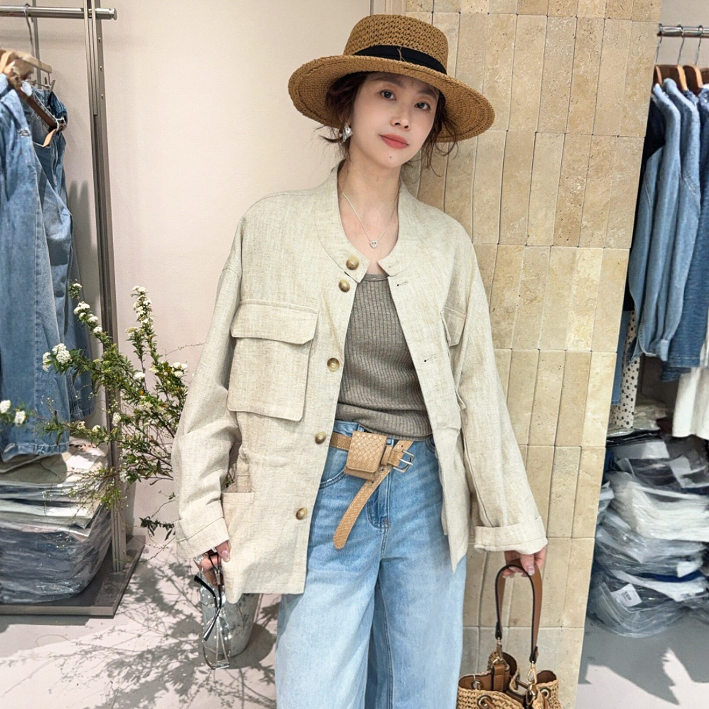 双口袋工装麻料开衫外套女欧洲站