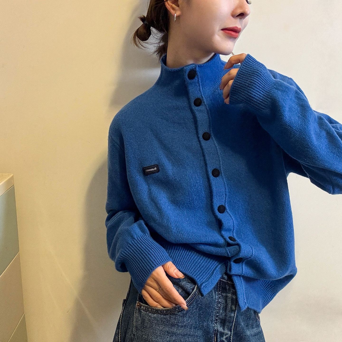 复古贴标高领羊毛针织开衫女欧货