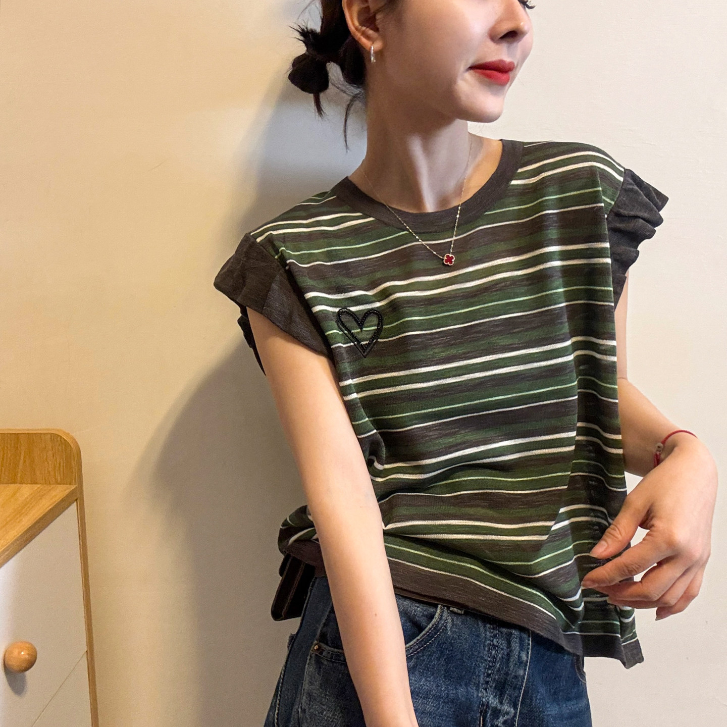 爱心印花花苞袖冰丝针织衫女欧货