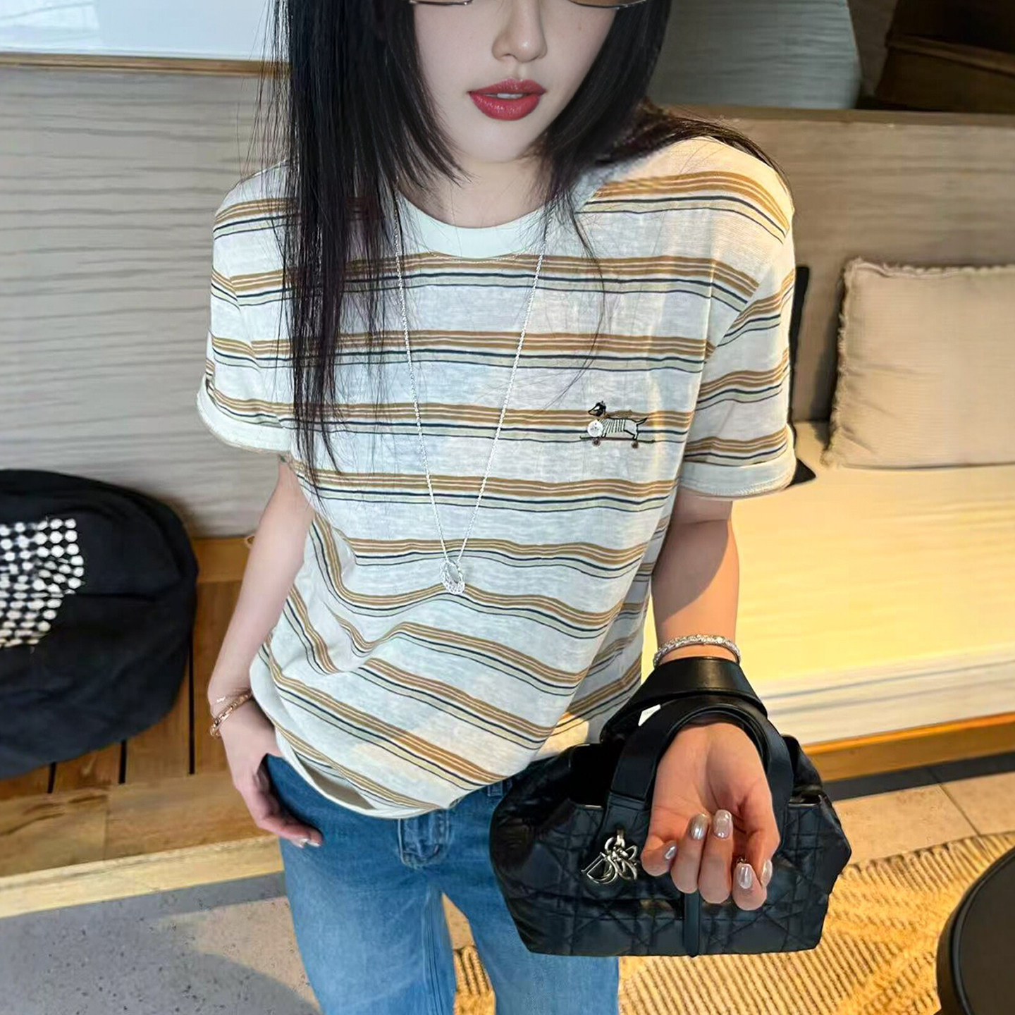 小狗刺绣印花条纹短袖T恤女欧洲站2026春装新款欧货女装打底衫潮