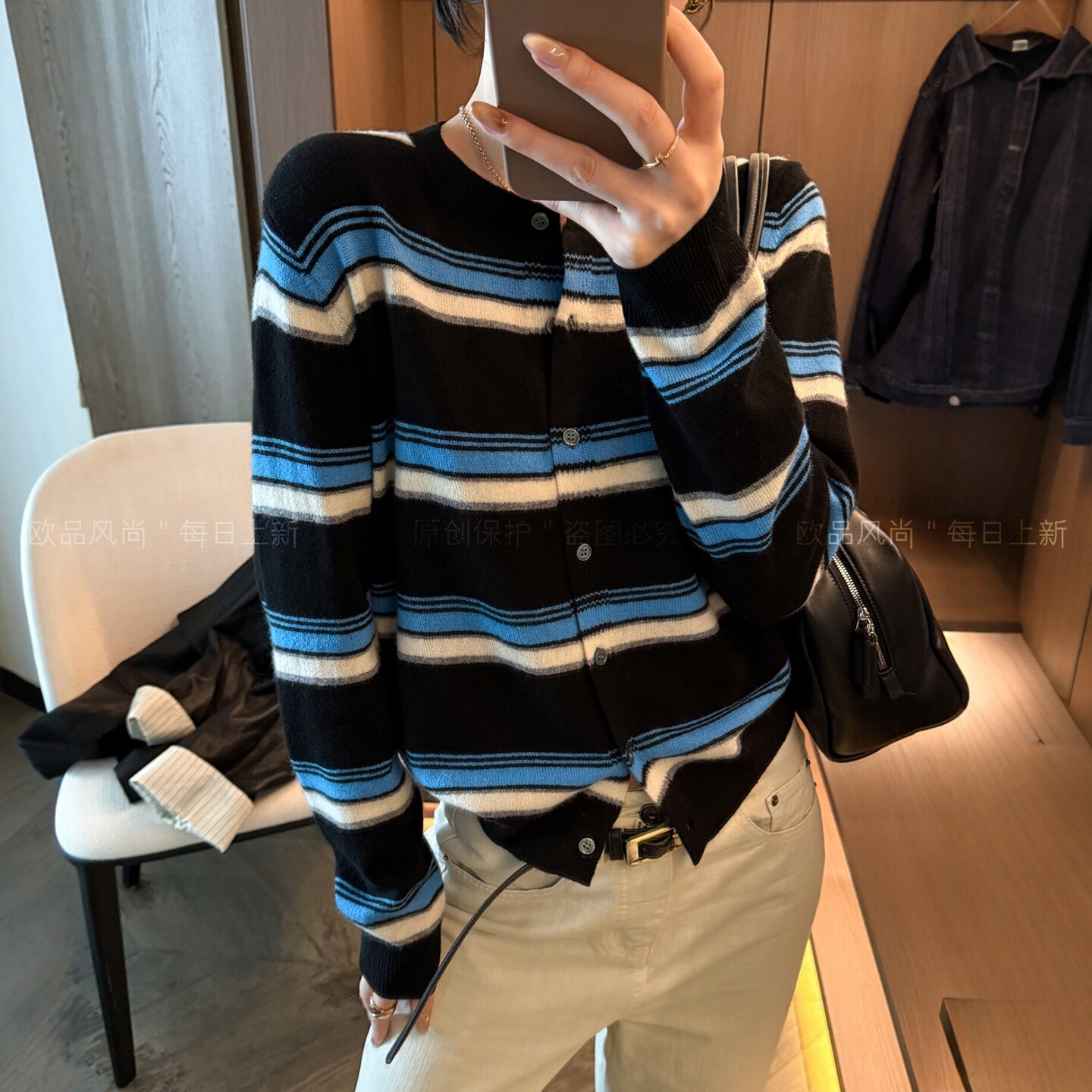 100%绵羊毛条纹针织开衫女欧洲站