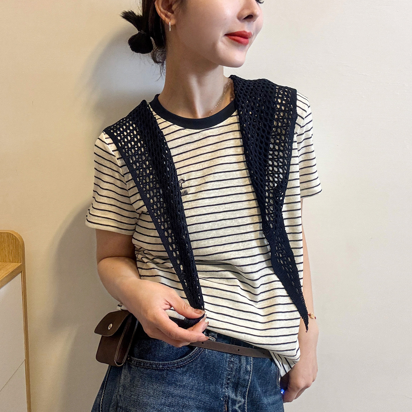 配披肩条纹短袖T恤女欧洲站2026春装新款欧货女装时尚打底小衫潮