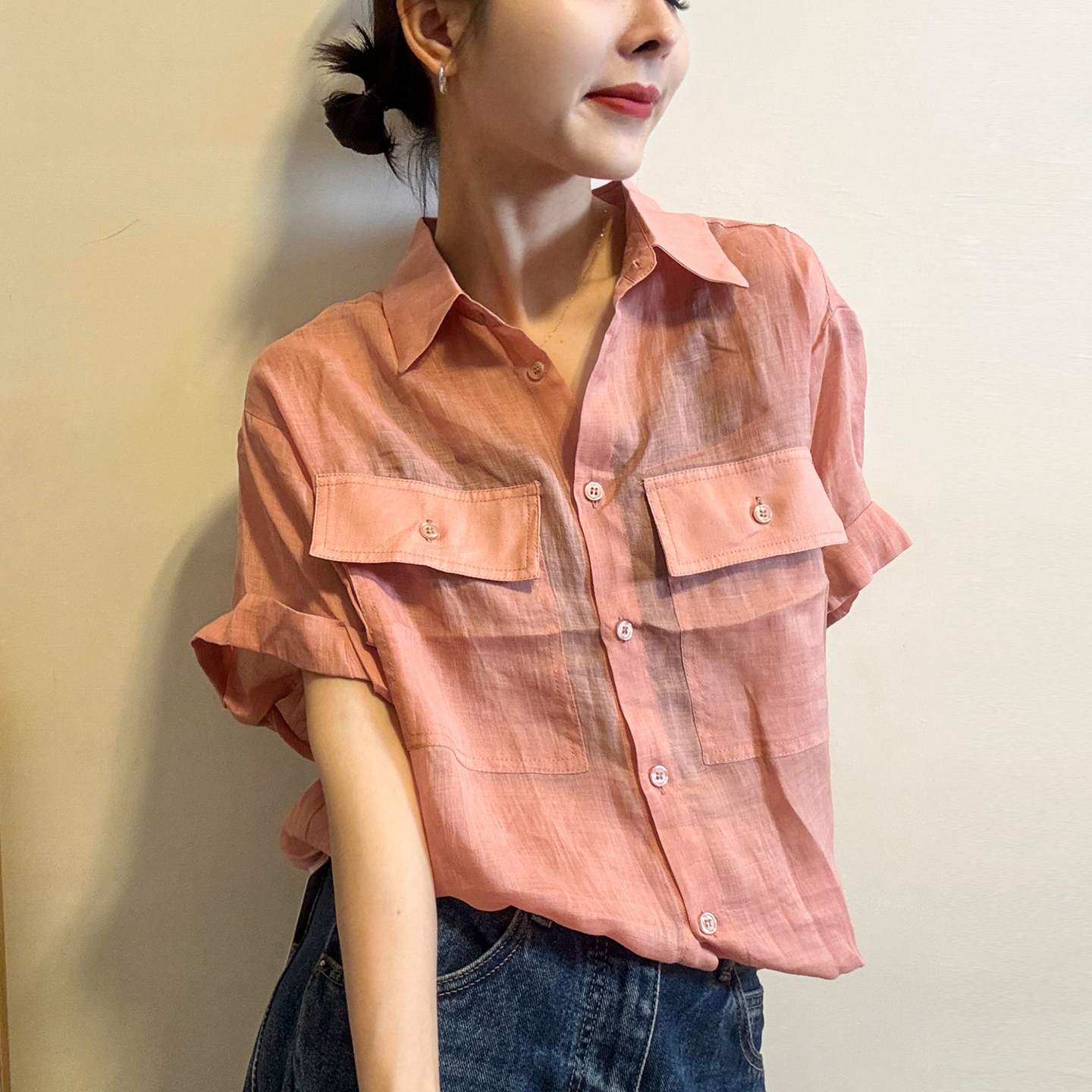 双口袋工装天丝苎麻衬衫女欧洲站2026夏装新款欧货女装防晒小衫潮