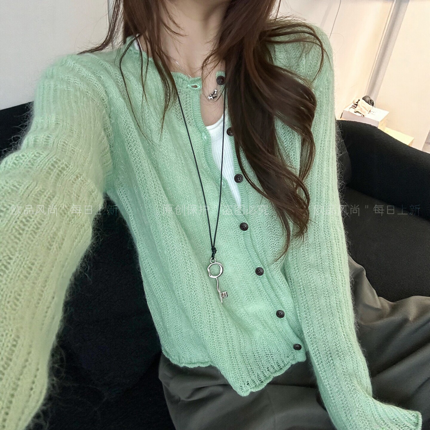 复古卷边马海毛针织开衫女欧洲站