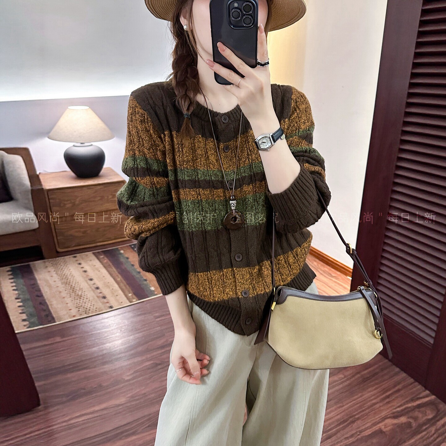 花纱条纹绵羊毛针织开衫女欧洲站