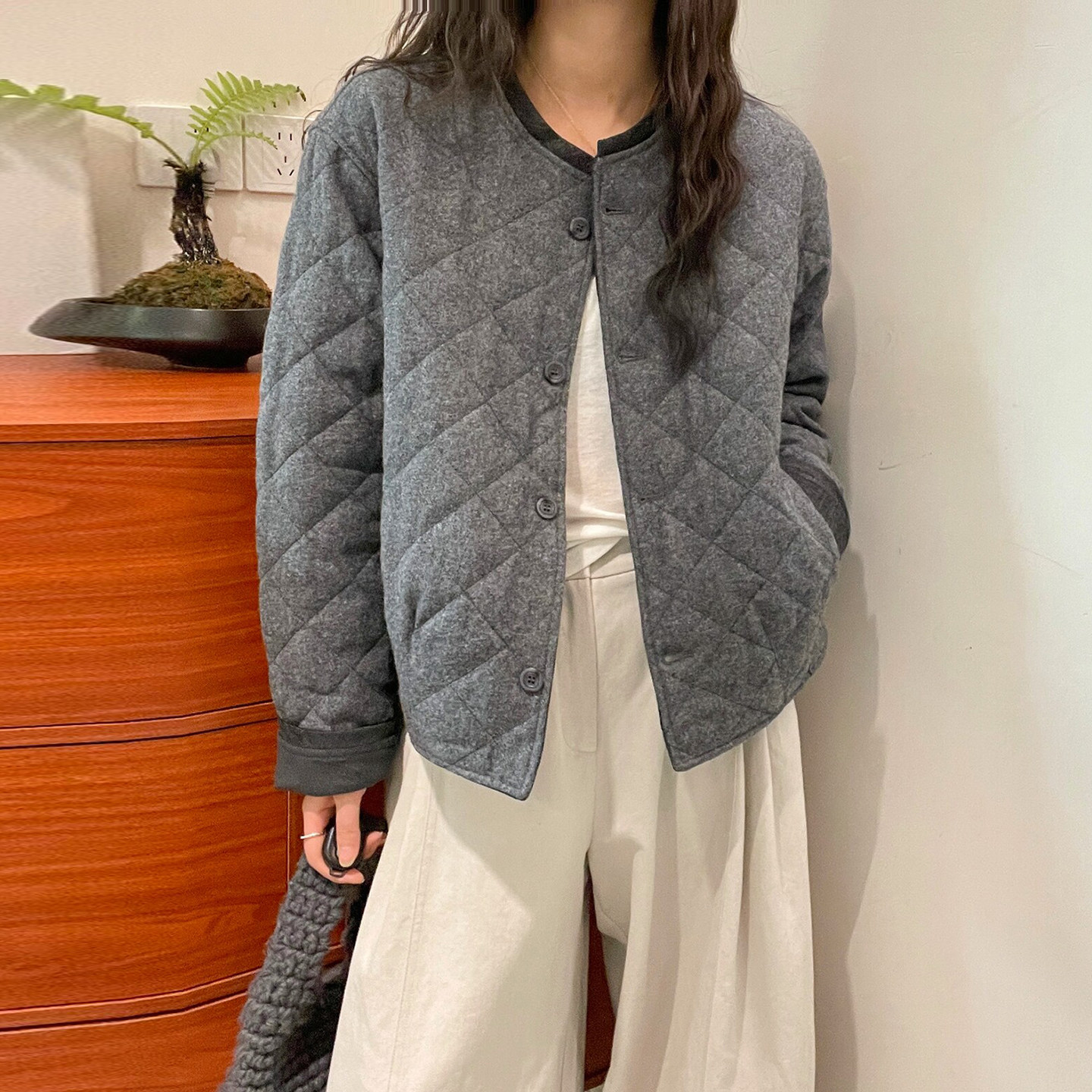 菱形格羊毛呢棉衣棉服女欧货外套