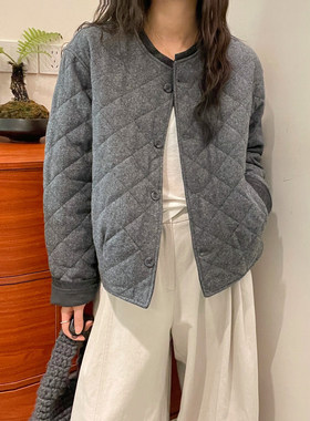 菱形格羊毛呢棉衣棉服女欧货外套