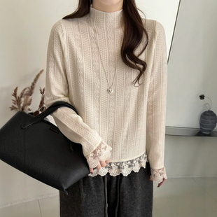 毛衣打底衫 蕾丝半高领羊毛针织衫 欧货女装 新款 潮 女欧洲站2025冬装