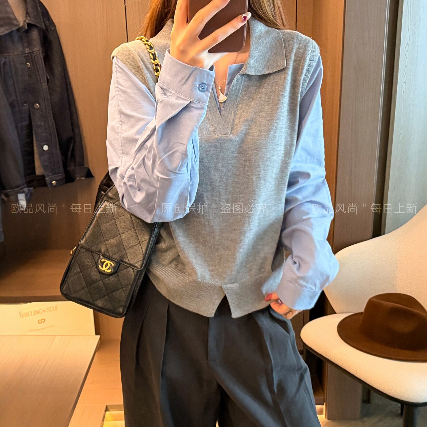 假两件衬衫袖绵羊毛针织衫女欧货