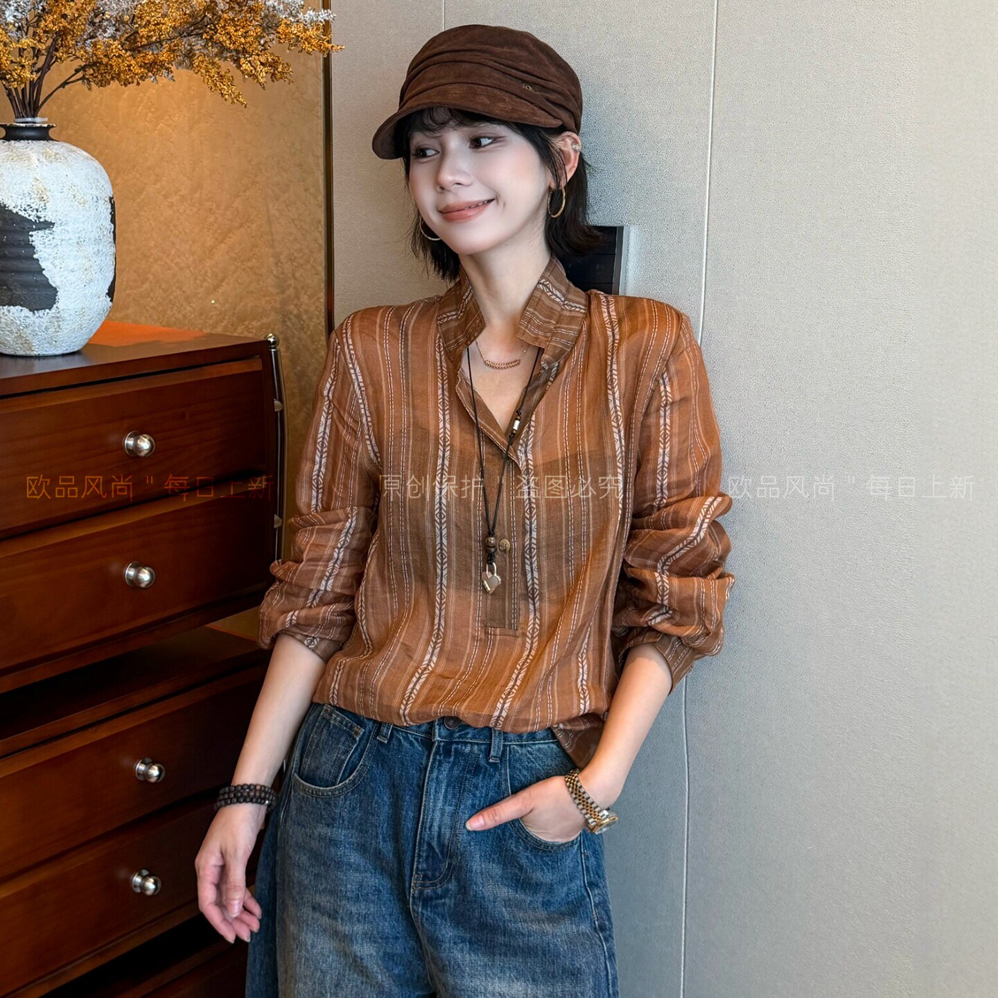 100%苎麻POLO领竖条纹衬衫女欧货