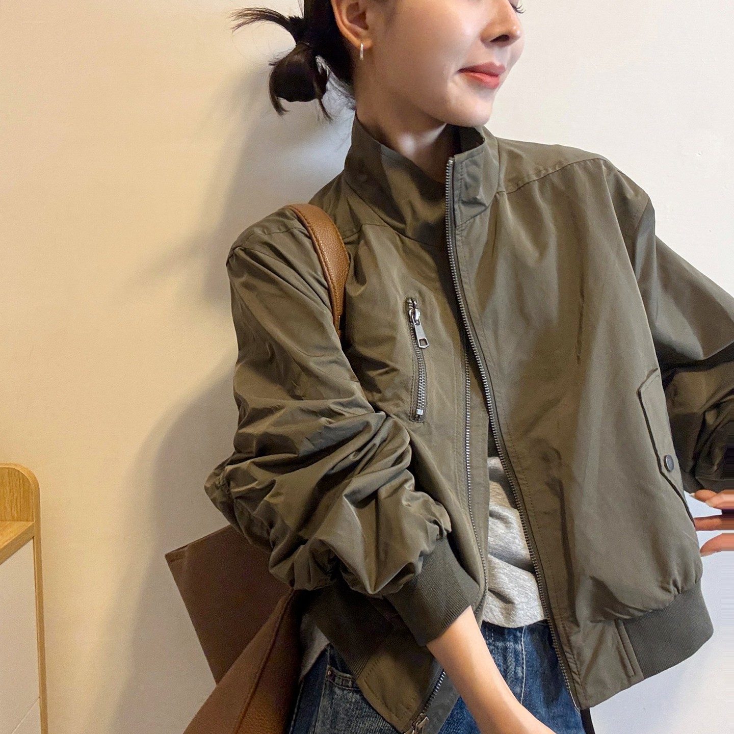 复古立领棒球服开衫外套女欧洲站